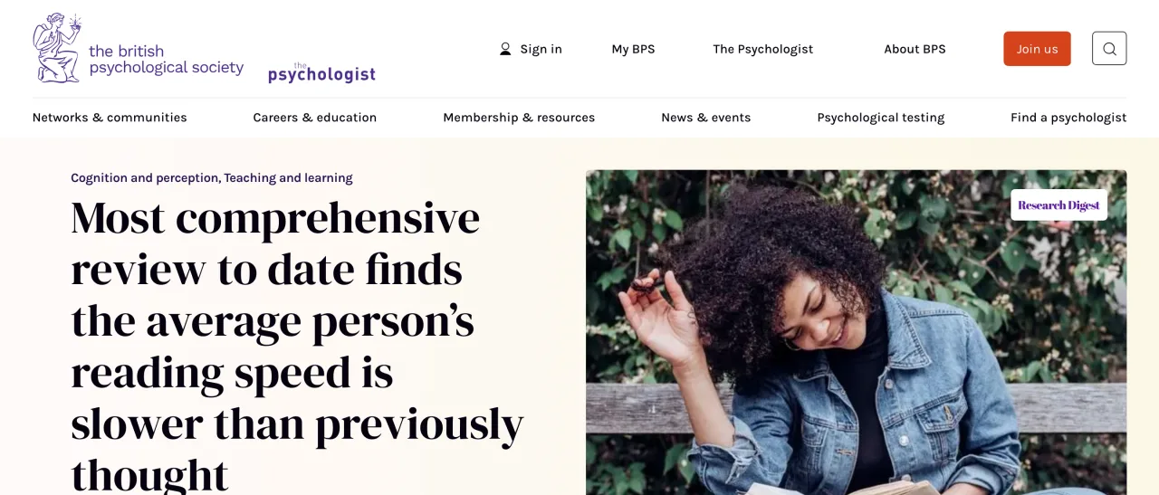 Article de la British Psychological Society sur la méta-analyse de la vitesse de lecture moyenne, capture du 19 octobre 2026