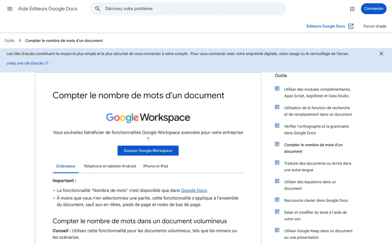 Page d’aide Google Docs Compter le nombre de mots d’un document, capture du 19 octobre 2026
