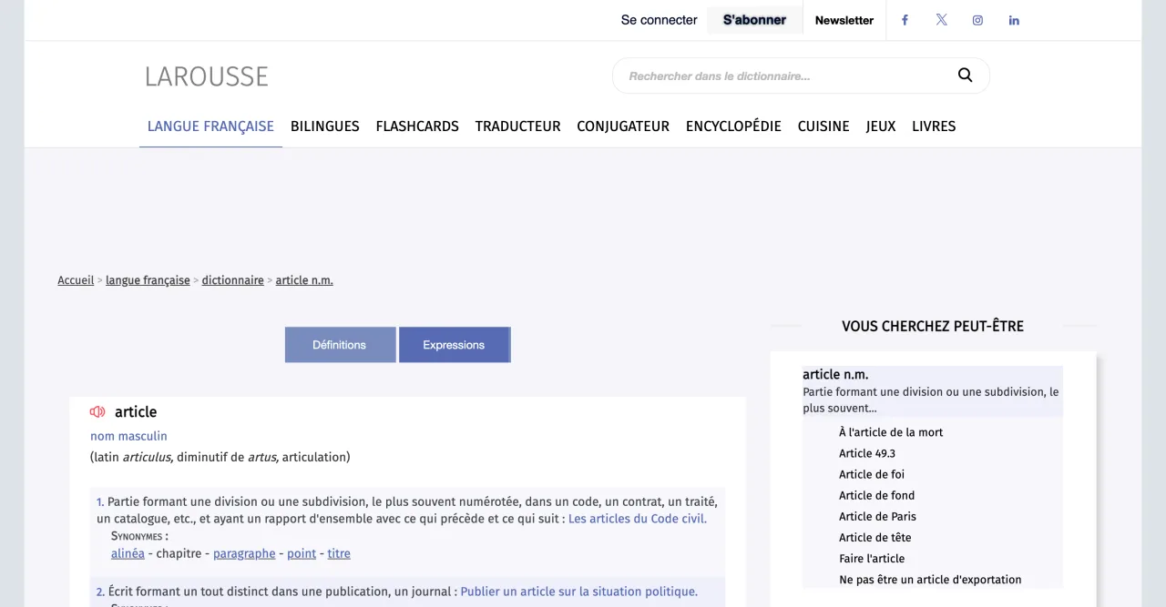Définition du mot article dans le dictionnaire Larousse en ligne, capture du 19 octobre 2026