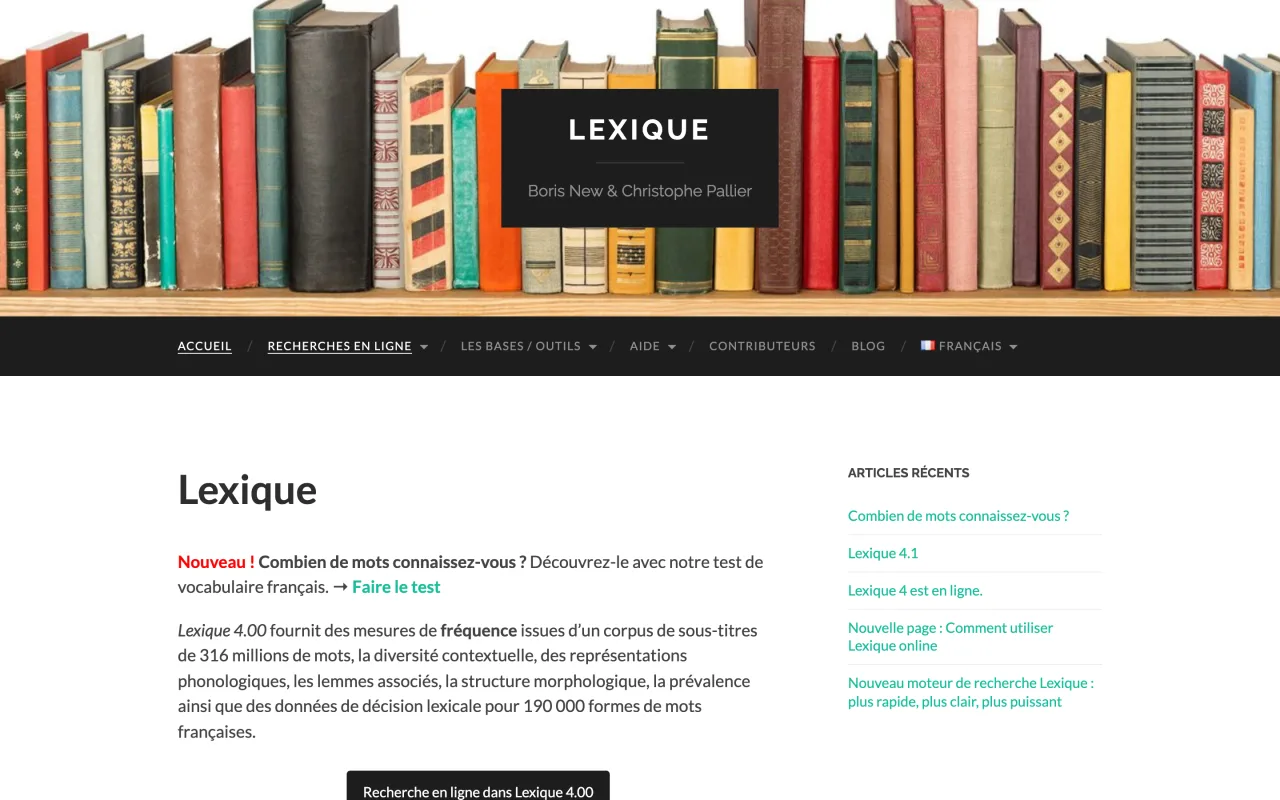 Page d’accueil de la base de données lexicales Lexique de Boris New et Christophe Pallier, capture du 19 octobre 2026
