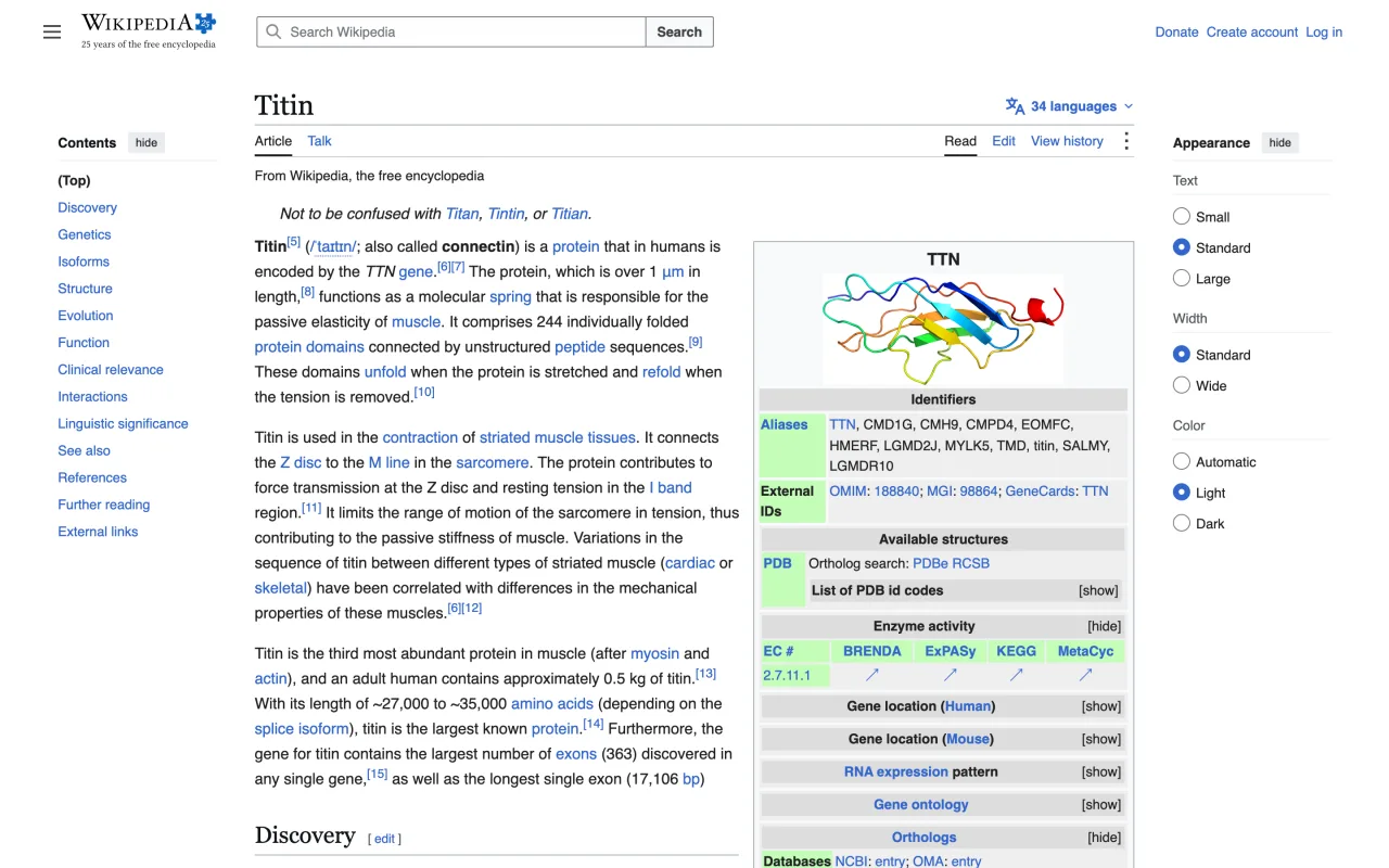 Article Wikipedia en anglais consacré à la titine, capture du 19 octobre 2026