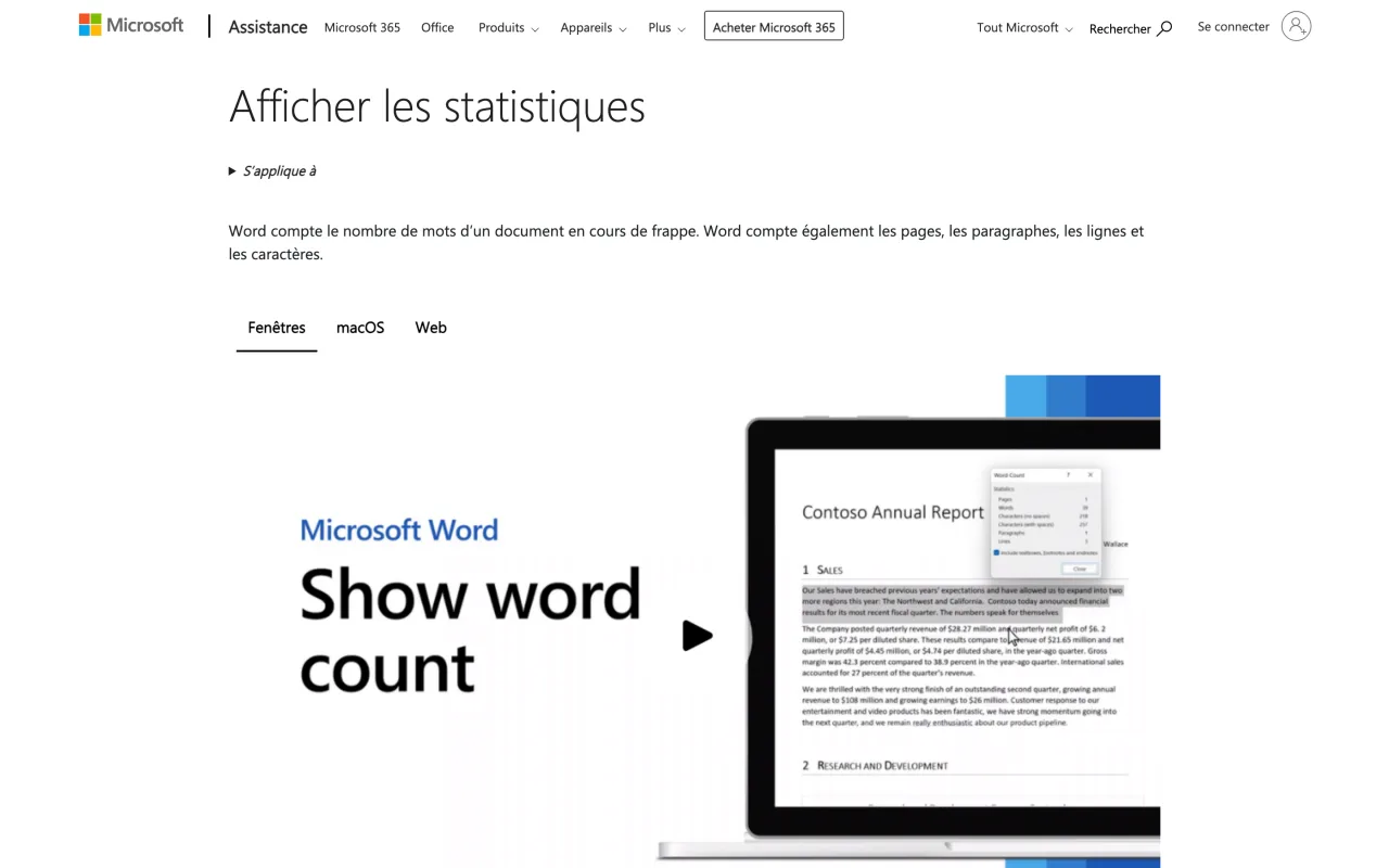 Page d’assistance Microsoft Afficher les statistiques dans Word, capture du 19 octobre 2026