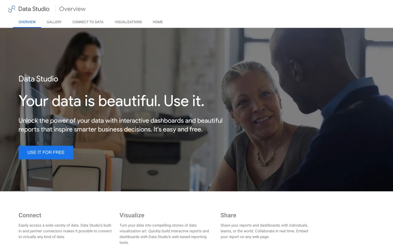 Page de présentation Data Studio de Google, outil gratuit de tableaux de bord interactifs, capture du 19 octobre 2026