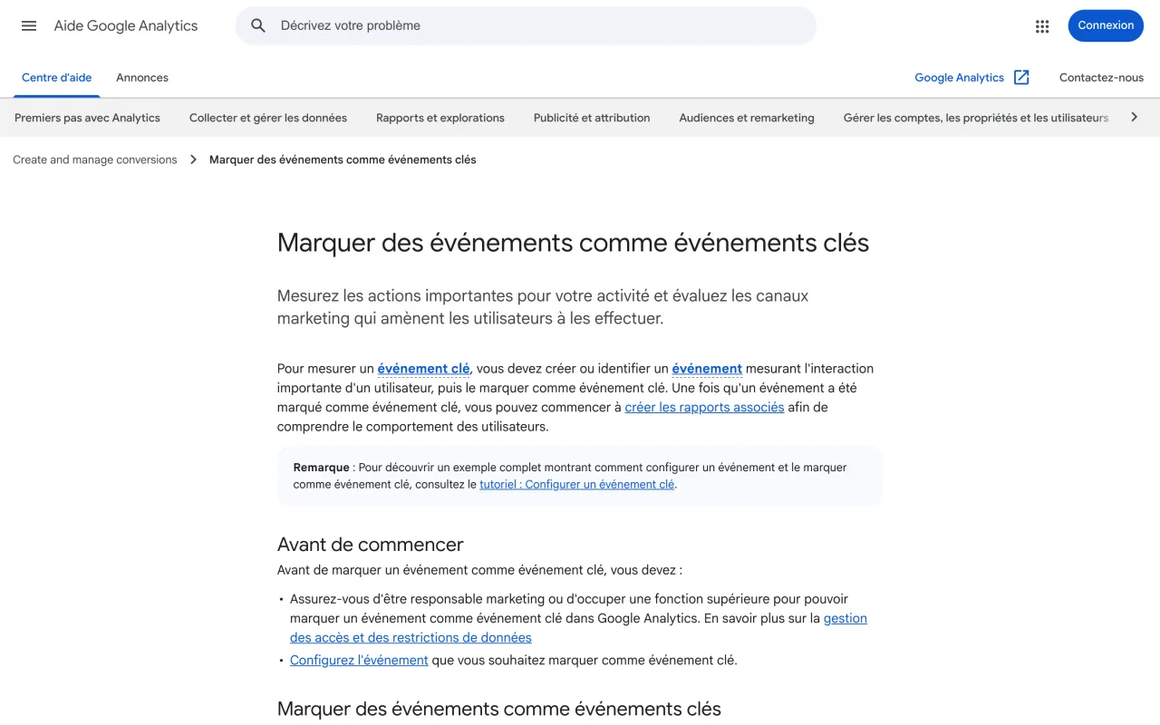 Page d’aide Google Analytics Marquer des événements comme événements clés, capture du 19 octobre 2026