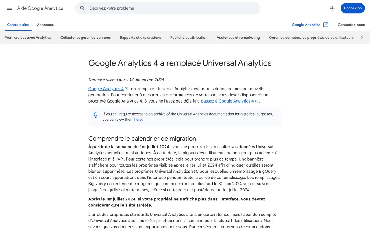 Page d’aide Google Analytics 4 a remplacé Universal Analytics, avec le calendrier d’arrêt du 1er juillet 2024, capture du 19 octobre 2026