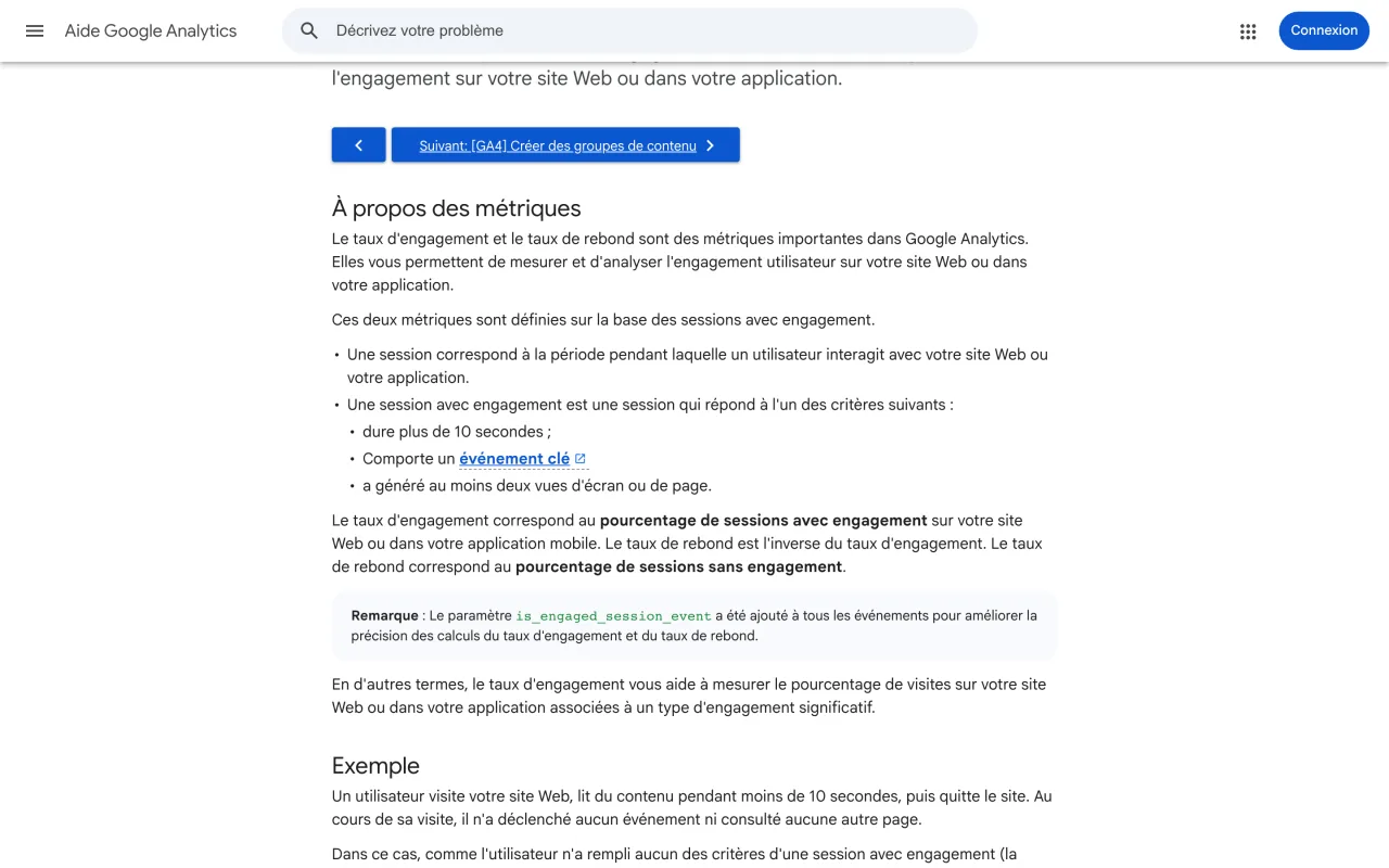Page d’aide Google Analytics 4 définissant la session avec engagement, le taux d’engagement et le taux de rebond, capture du 19 octobre 2026