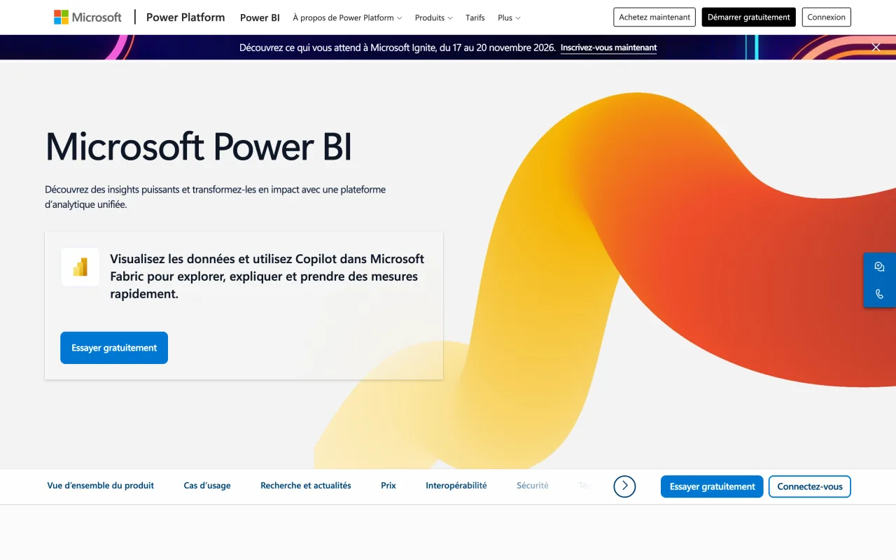 Page de présentation de Microsoft Power BI en français, capture du 19 octobre 2026
