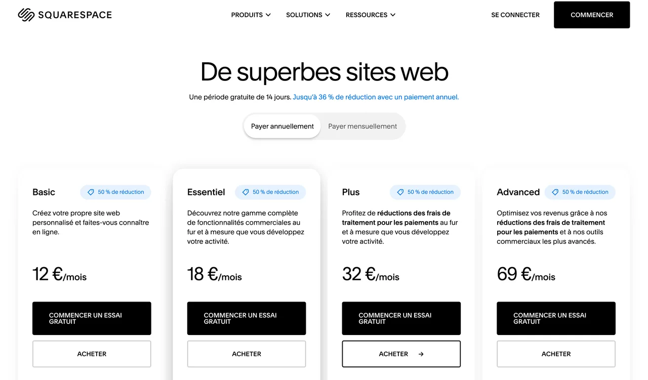 Page tarifs Squarespace en paiement annuel, forfait Basic à 12 euros par mois et Advanced à 69 euros par mois, capture du 19 octobre 2026