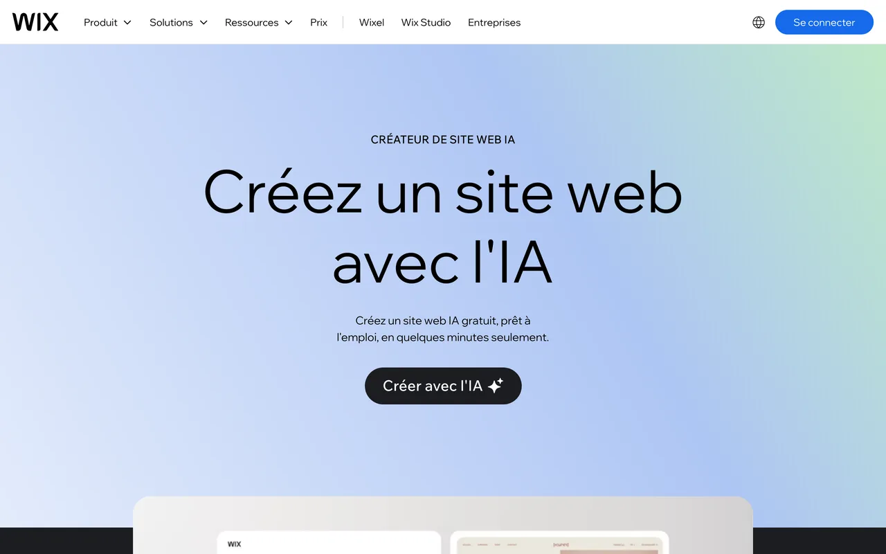 Page du créateur de site web IA de Wix, qui propose de créer un site avec l'IA en quelques minutes, capture du 19 octobre 2026