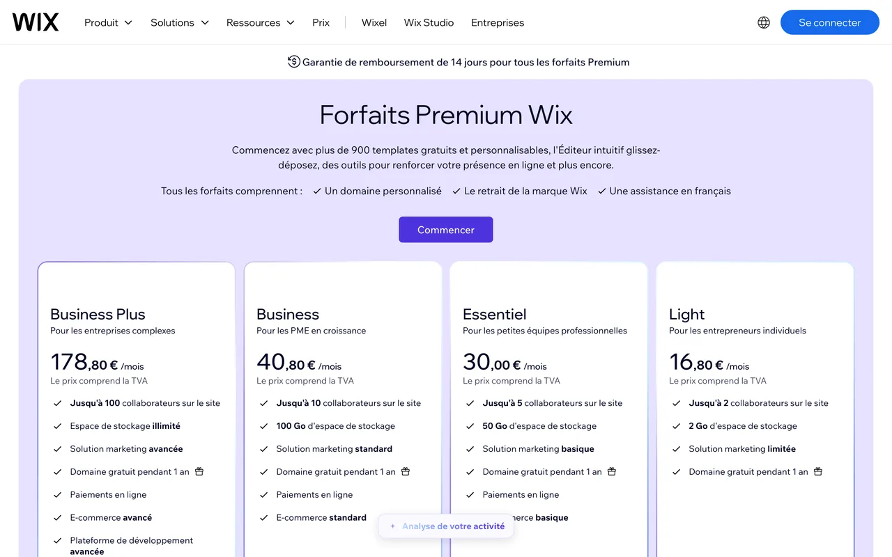 Page des forfaits Premium Wix en France, de 16,80 euros à 178,80 euros TTC par mois, capture du 19 octobre 2026