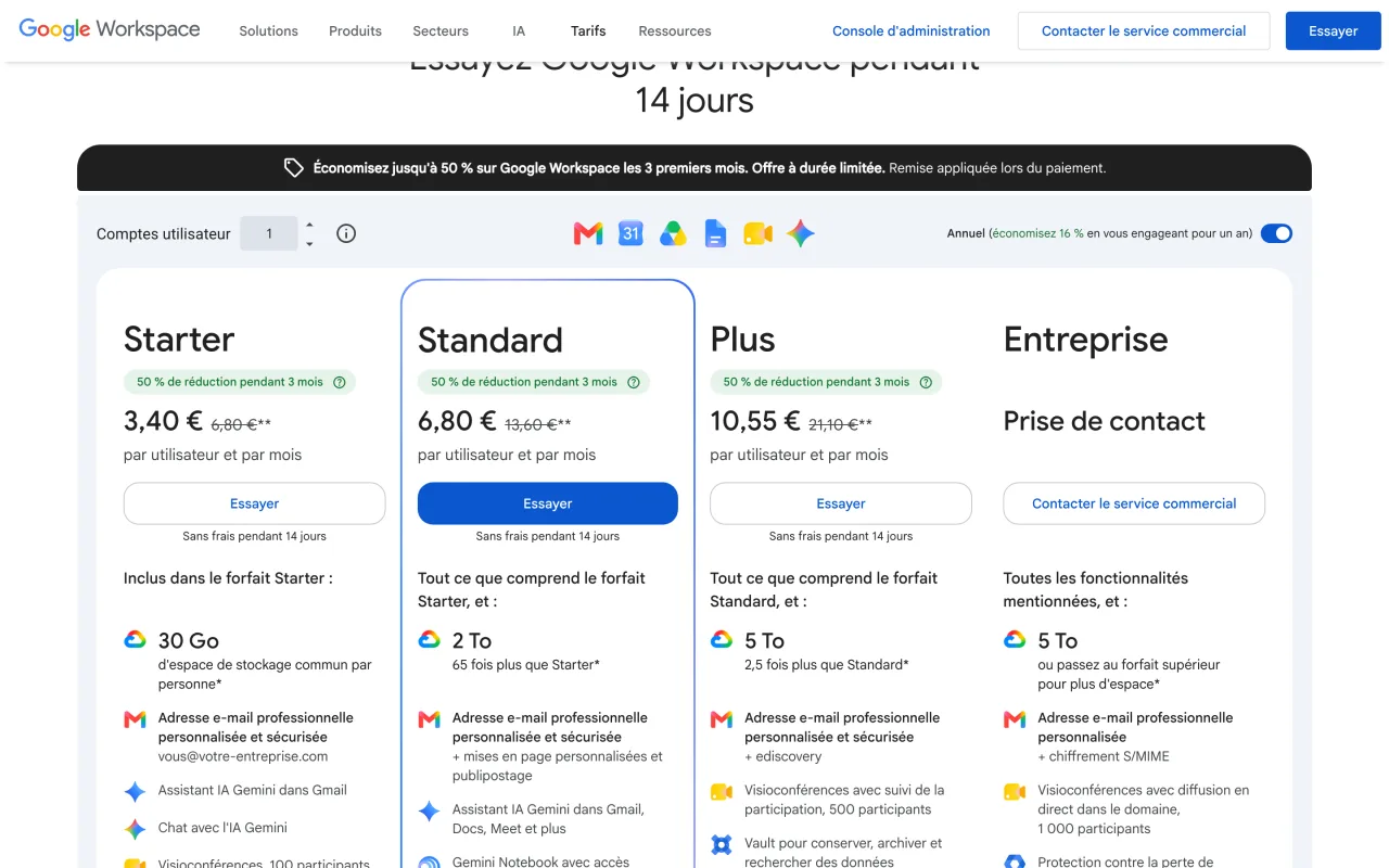 Page tarifs de Google Workspace en euros avec l'offre Business Starter à 6,80 euros par utilisateur et par mois hors remise, relevée le 19 octobre 2026