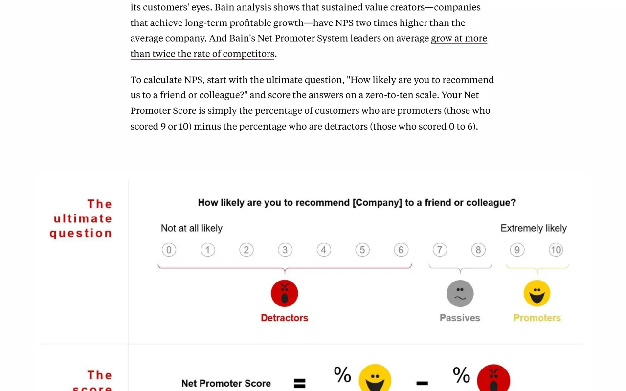 Page de Bain and Company expliquant le calcul du Net Promoter Score sur une échelle de 0 à 10