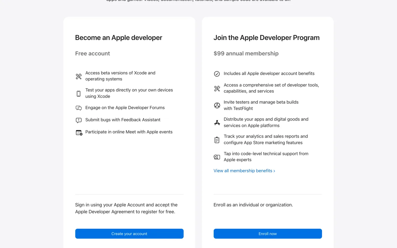 Page officielle de l’Apple Developer Program affichant l’adhésion annuelle à 99 USD, consultée le 19 octobre 2026