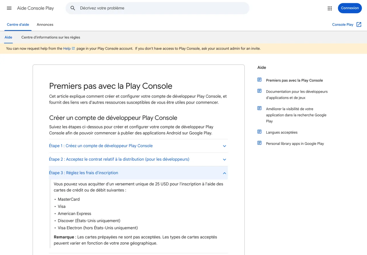 Aide Google Play Console indiquant les frais d’inscription uniques de 25 USD pour un compte développeur, consultée le 19 octobre 2026