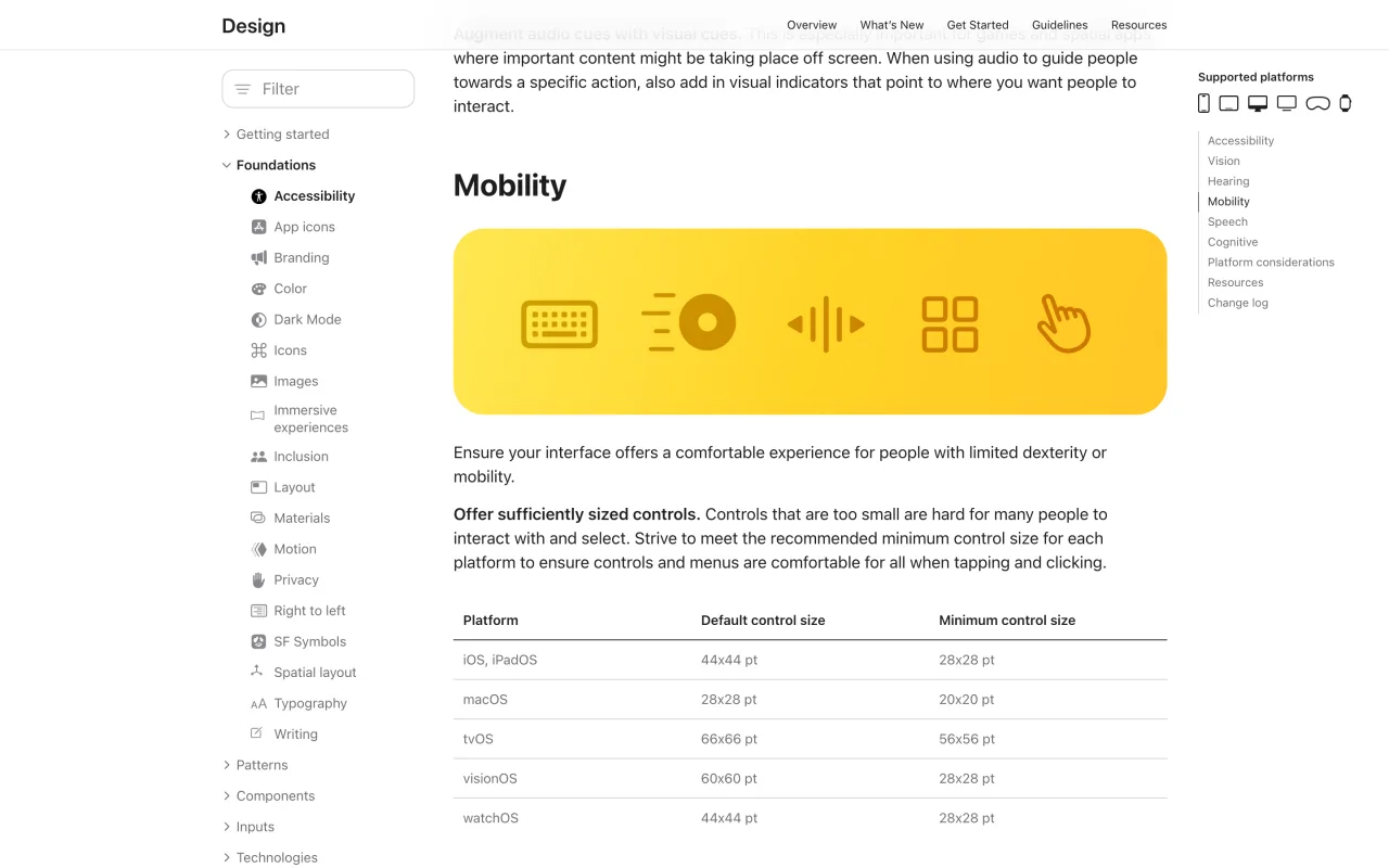 Tableau des tailles de contrôles des Human Interface Guidelines d’Apple : 44 x 44 points par défaut sur iOS et iPadOS, 28 x 28 points minimum, capture du 19 octobre 2026
