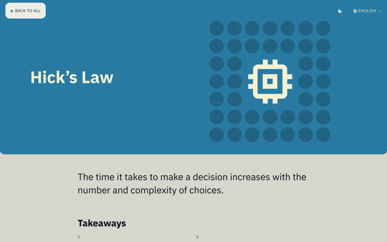 Fiche Hick’s Law sur le site Laws of UX : le temps de décision augmente avec le nombre et la complexité des choix, capture du 19 octobre 2026