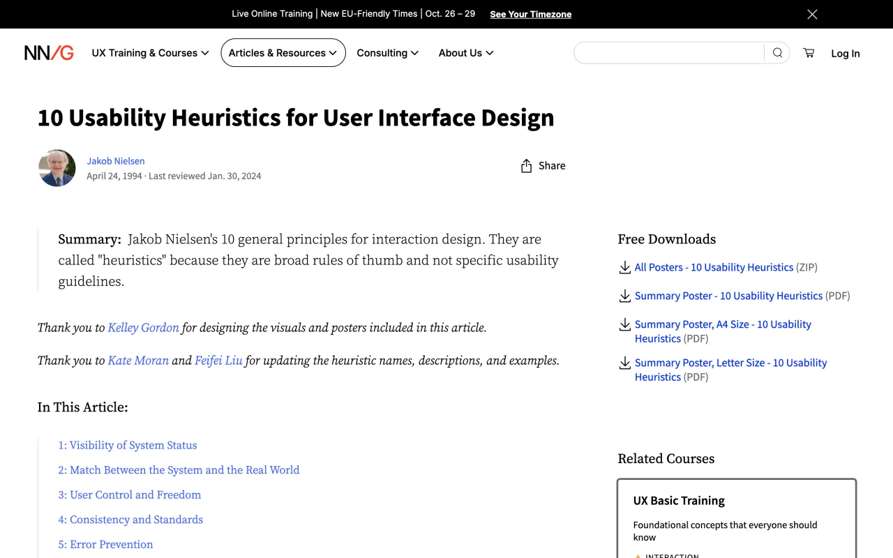 Article 10 Usability Heuristics for User Interface Design de Jakob Nielsen sur le site du Nielsen Norman Group, capture du 19 octobre 2026