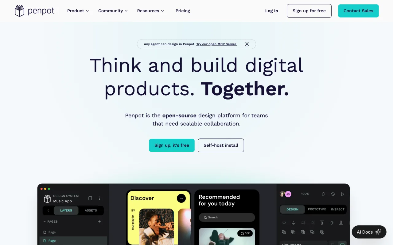 Page d’accueil de Penpot, plateforme de design open source, capture du 19 octobre 2026