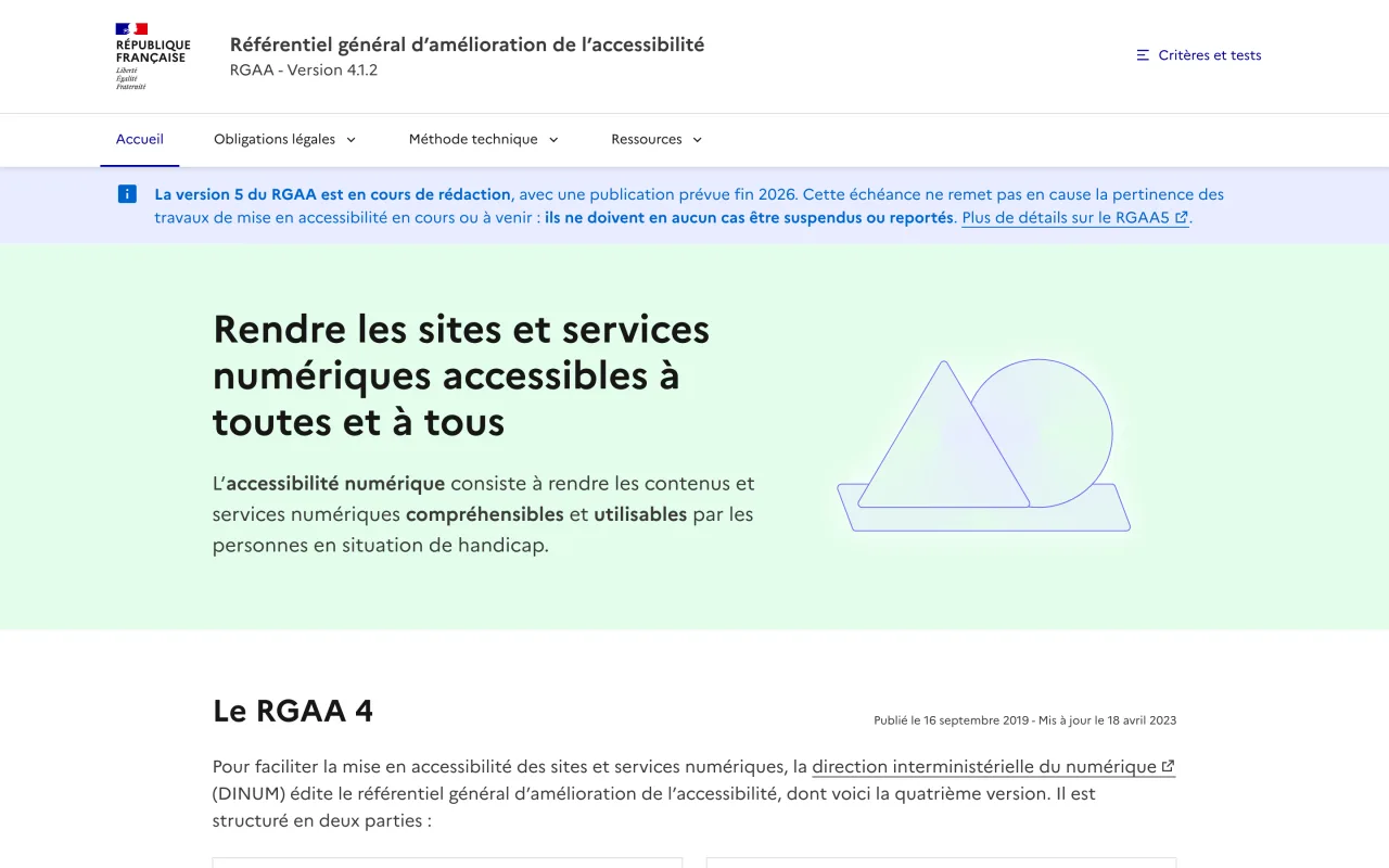 Page d’accueil du site officiel du RGAA, version 4.1.2, avec l’annonce de la version 5 prévue fin 2026, capture du 19 octobre 2026