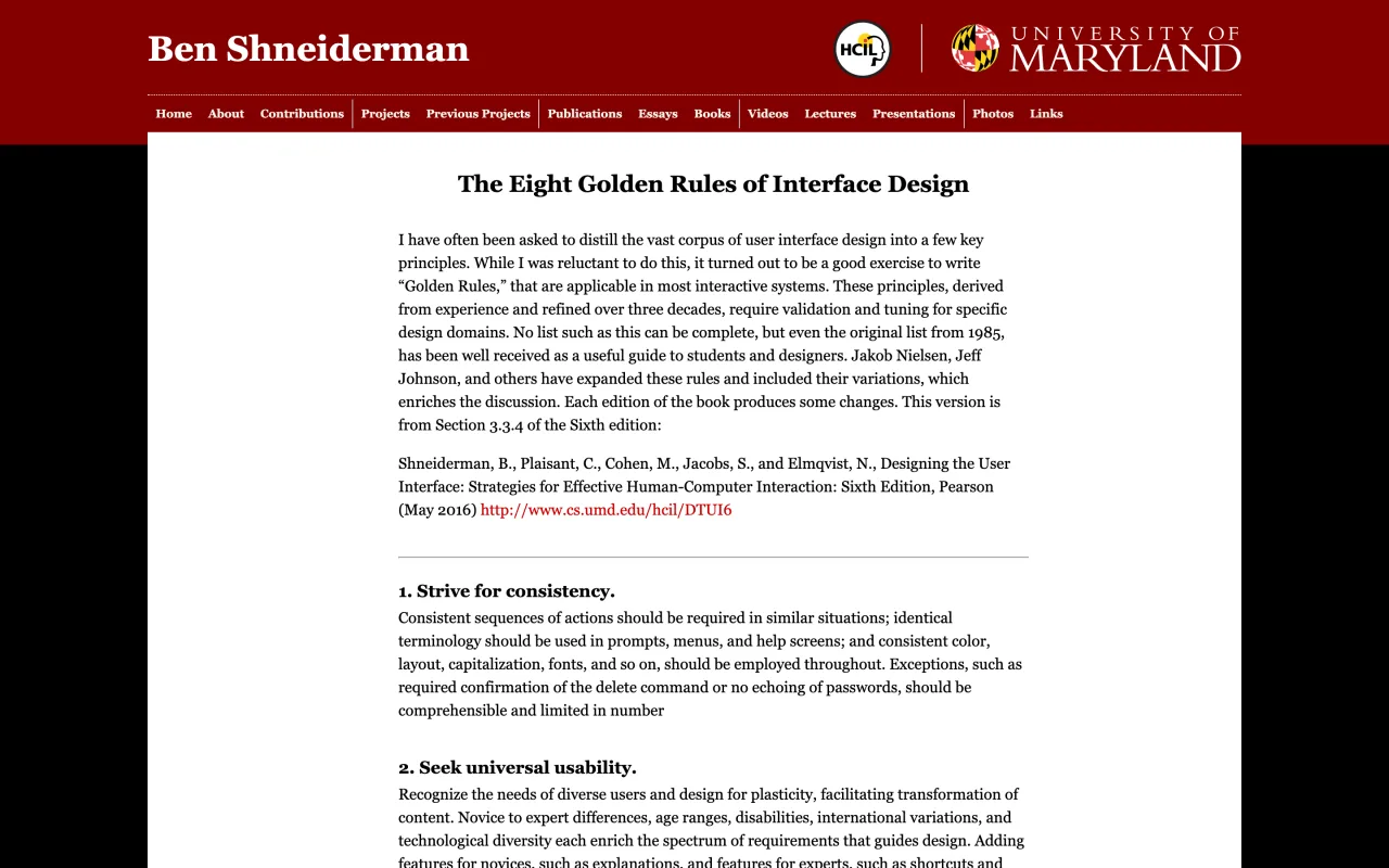 Page The Eight Golden Rules of Interface Design sur le site de Ben Shneiderman à l’université du Maryland, capture du 19 octobre 2026