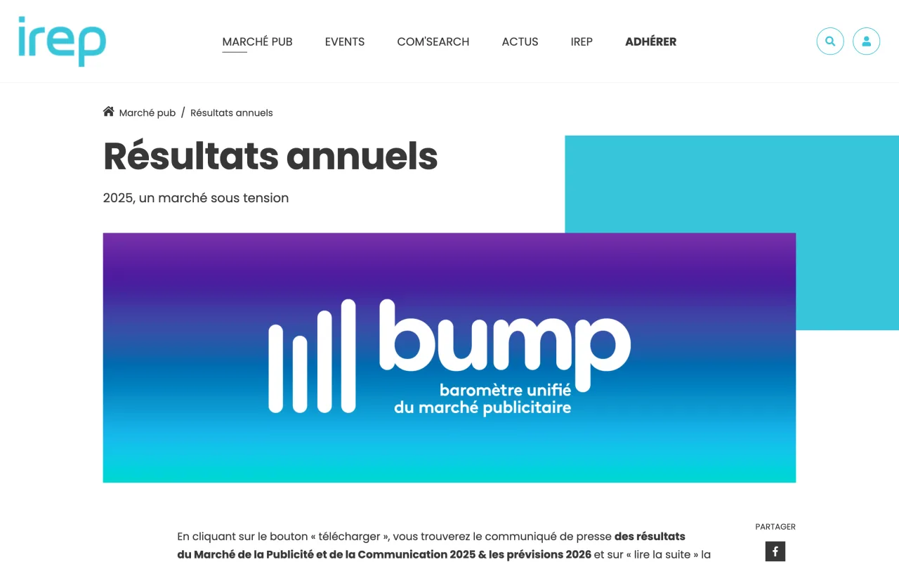 Page de l’Irep présentant les résultats annuels 2025 du baromètre unifié du marché publicitaire BUMP, capture du 19 octobre 2026