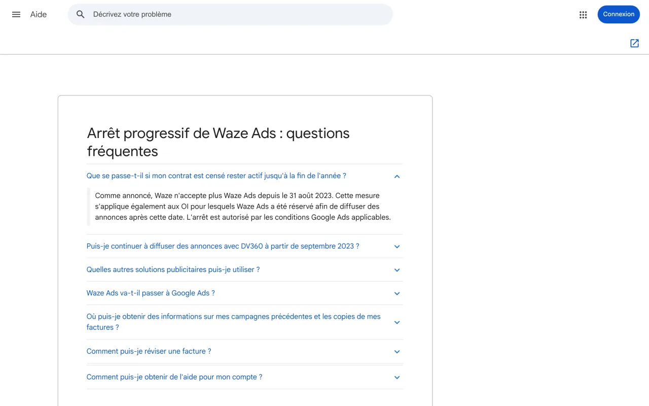 Page d’aide Google indiquant que Waze n’accepte plus Waze Ads depuis le 31 août 2023, capture du 19 octobre 2026