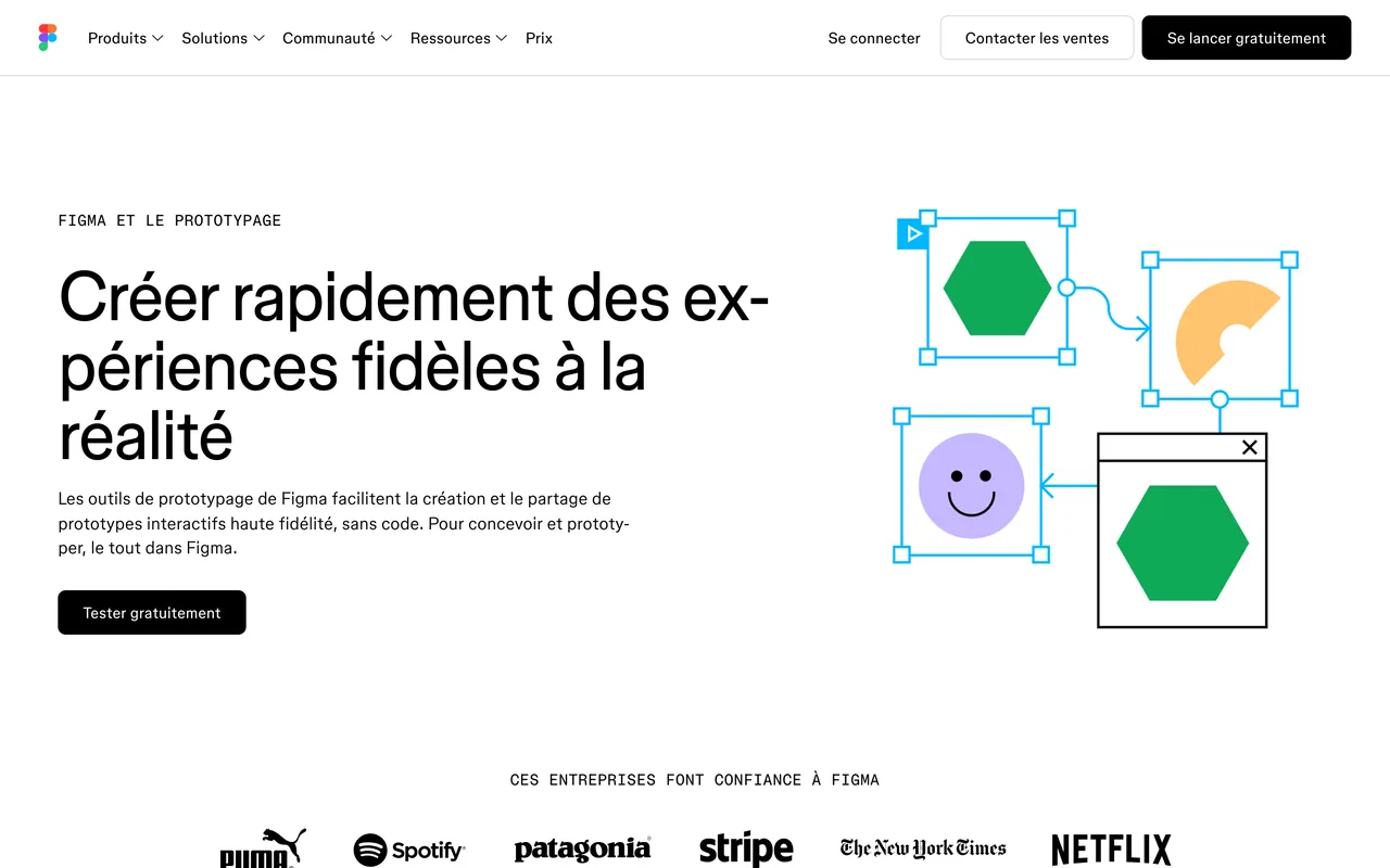 Page de Figma consacrée au prototypage, pour créer des prototypes interactifs haute fidélité sans code, capture du 19/10/2026