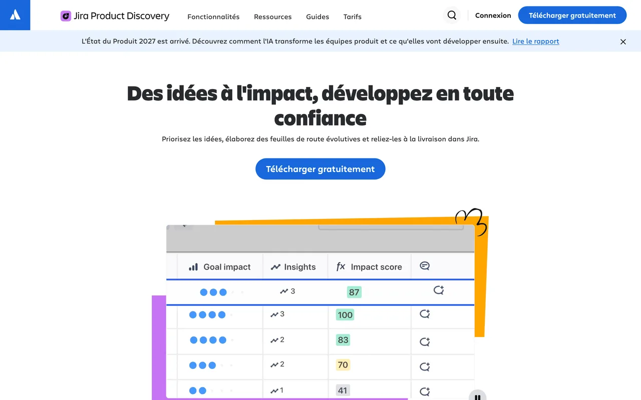 Page de Jira Product Discovery d’Atlassian, outil pour prioriser les idées et les relier à la livraison, capture du 19/10/2026