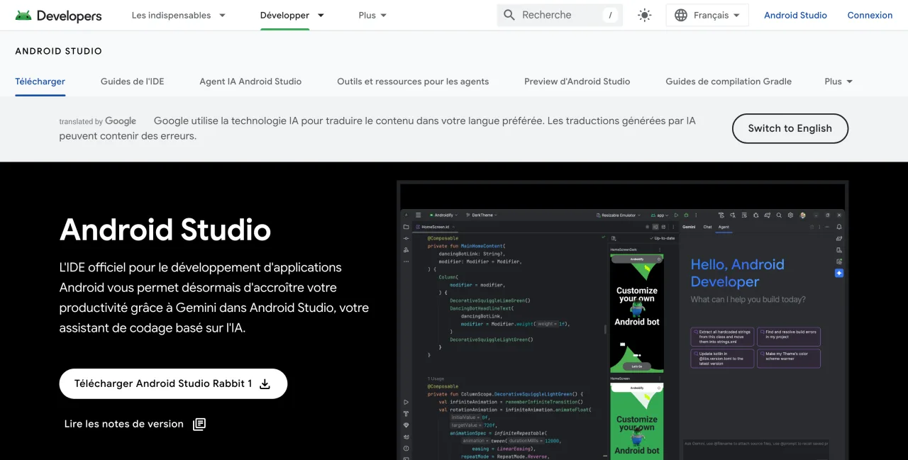 Page Android Studio du site Android Developers, l’IDE officiel pour le développement Android, capture du 19 octobre 2026