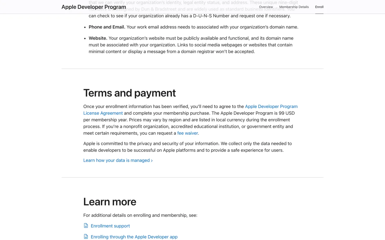 Page d’inscription à l’Apple Developer Program indiquant un prix de 99 USD par année d’adhésion, variable selon la région, capture du 19 octobre 2026