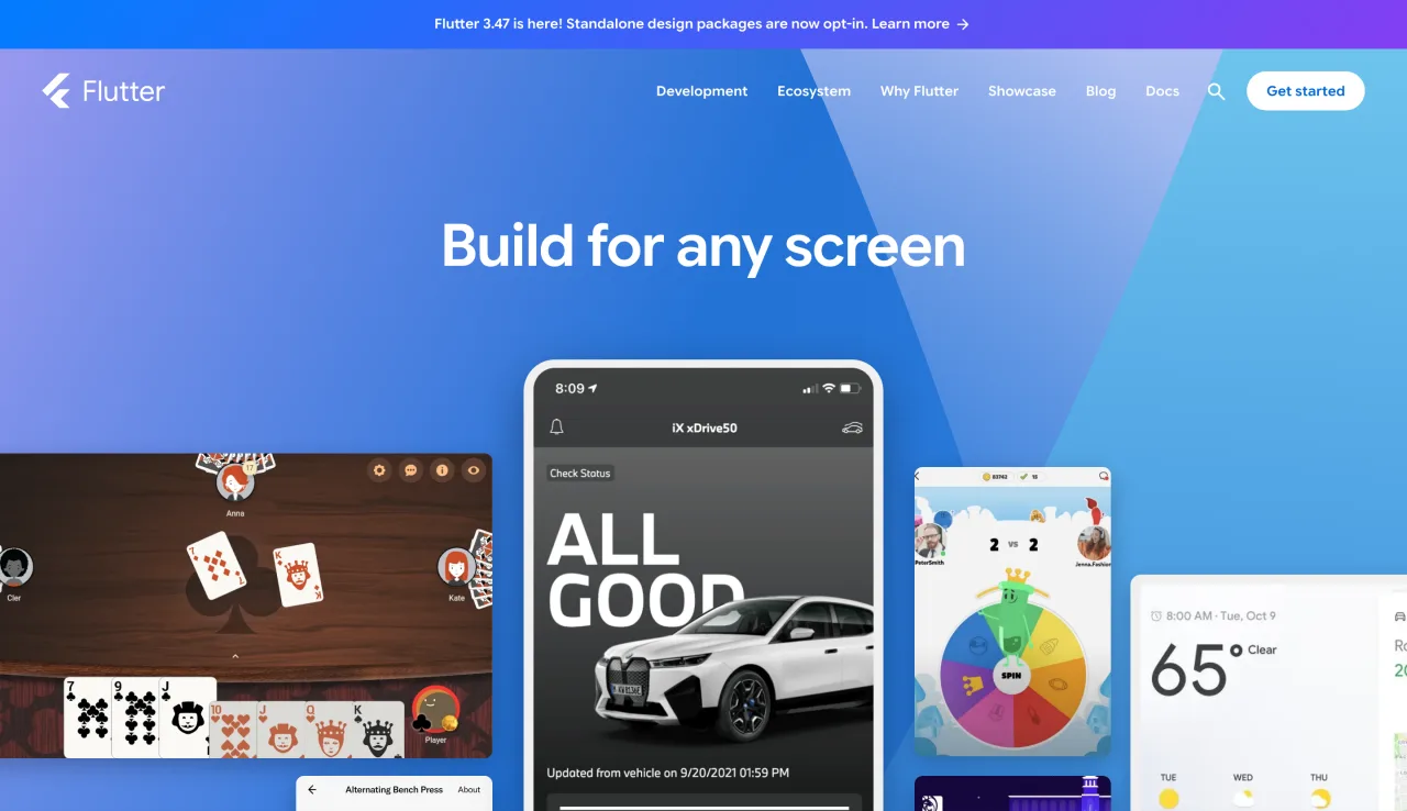 Page d’accueil de Flutter, framework multiplateforme de Google, capture du 19 octobre 2026