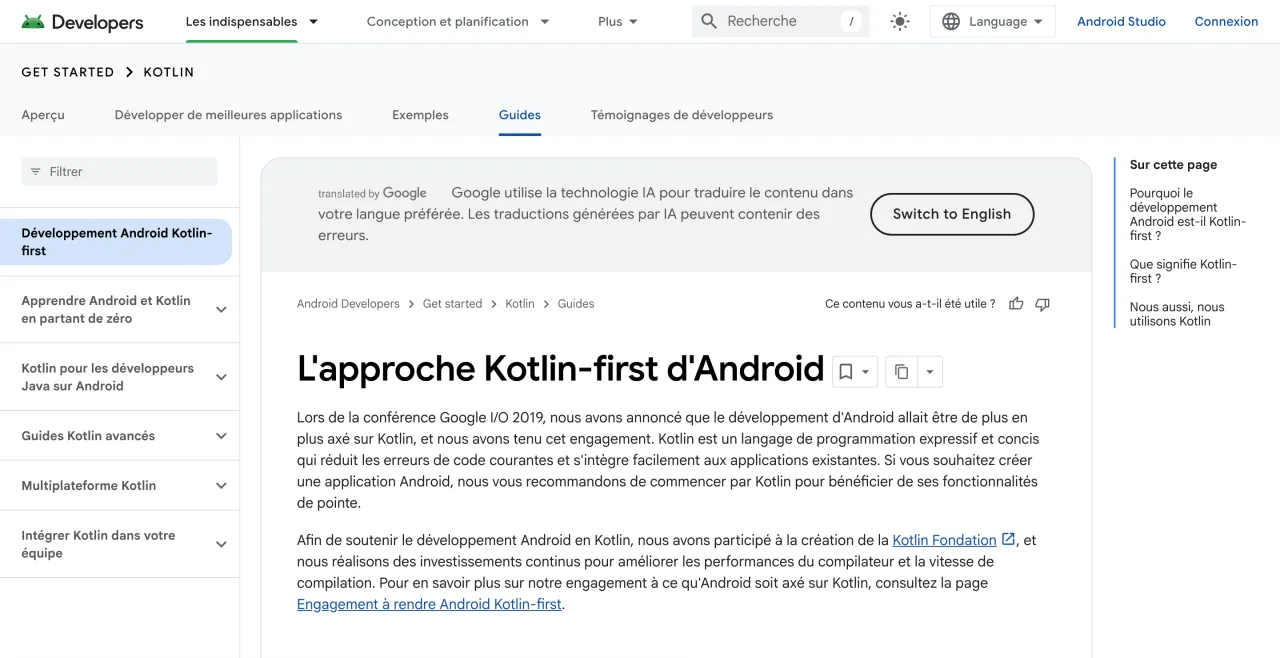 Page L’approche Kotlin-first d’Android sur le site Android Developers, rappelant l’annonce de la conférence Google I/O 2019, capture du 19 octobre 2026