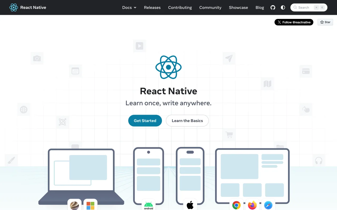 Page d’accueil de React Native, Learn once, write anywhere, capture du 19 octobre 2026