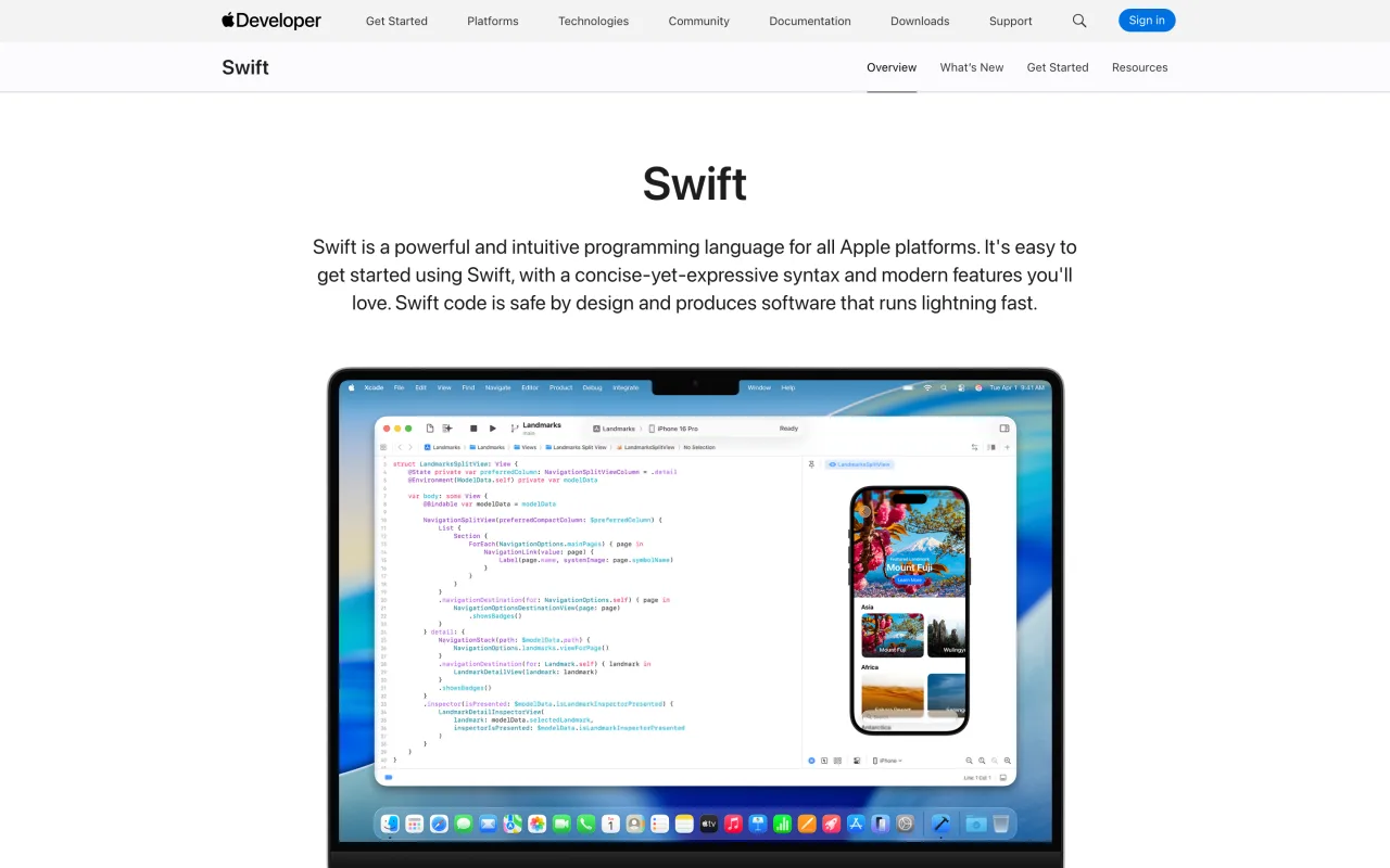 Page Swift du site Apple Developer présentant le langage pour toutes les plateformes Apple, capture du 19 octobre 2026