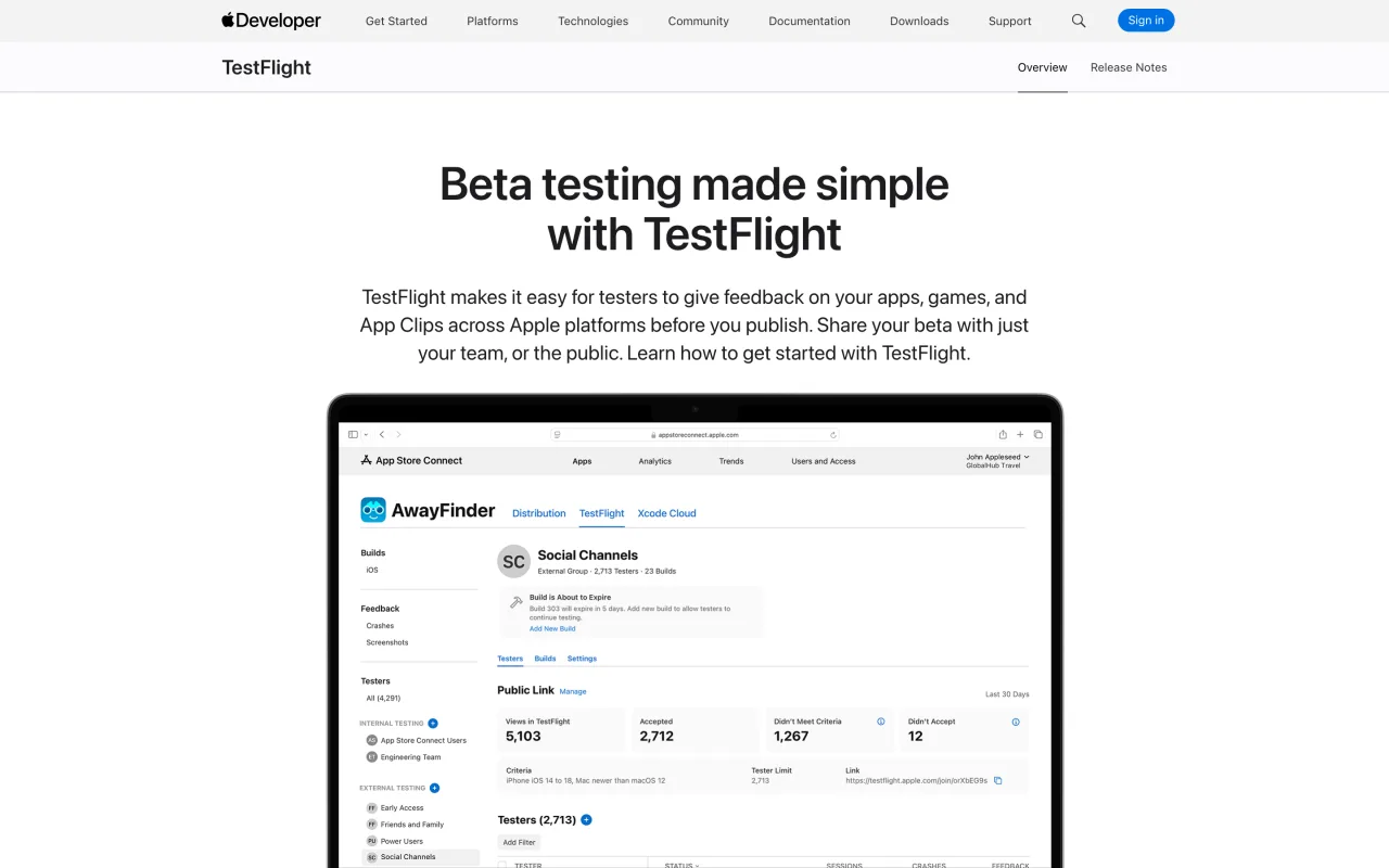 Page TestFlight du site Apple Developer, service de bêta-test des applications Apple, capture du 19 octobre 2026