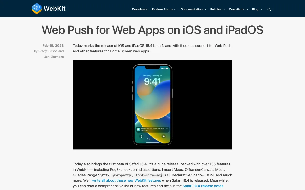 Article du blog WebKit Web Push for Web Apps on iOS and iPadOS du 16 février 2023 annonçant les notifications web avec iOS 16.4, capture du 19 octobre 2026