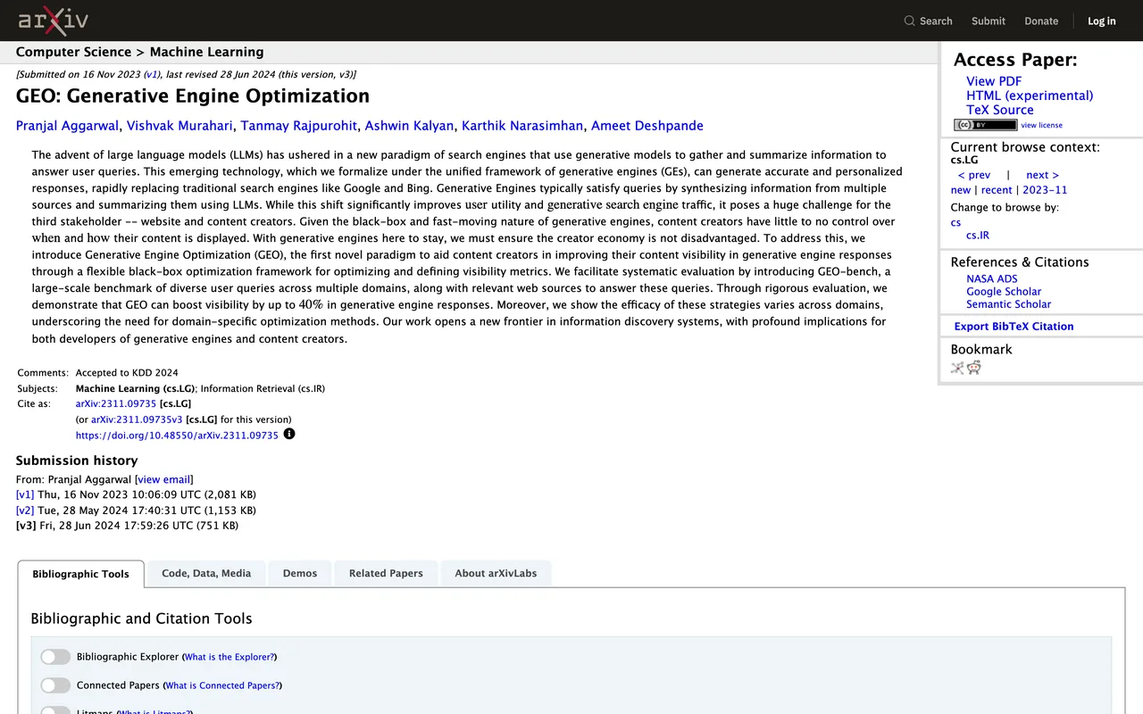 Page arXiv de l’article GEO: Generative Engine Optimization d’Aggarwal et al.