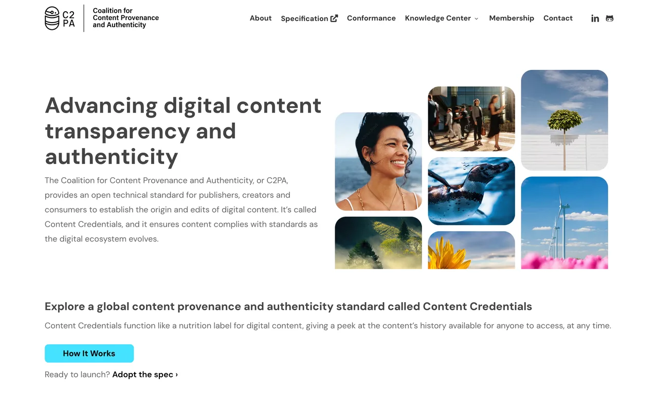Site de la C2PA, standard ouvert Content Credentials pour la provenance des contenus numériques
