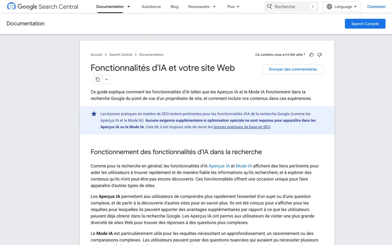 Documentation Google Search Central : fonctionnalités d’IA et votre site Web, aucune optimisation spéciale requise pour les Aperçus IA et le Mode IA