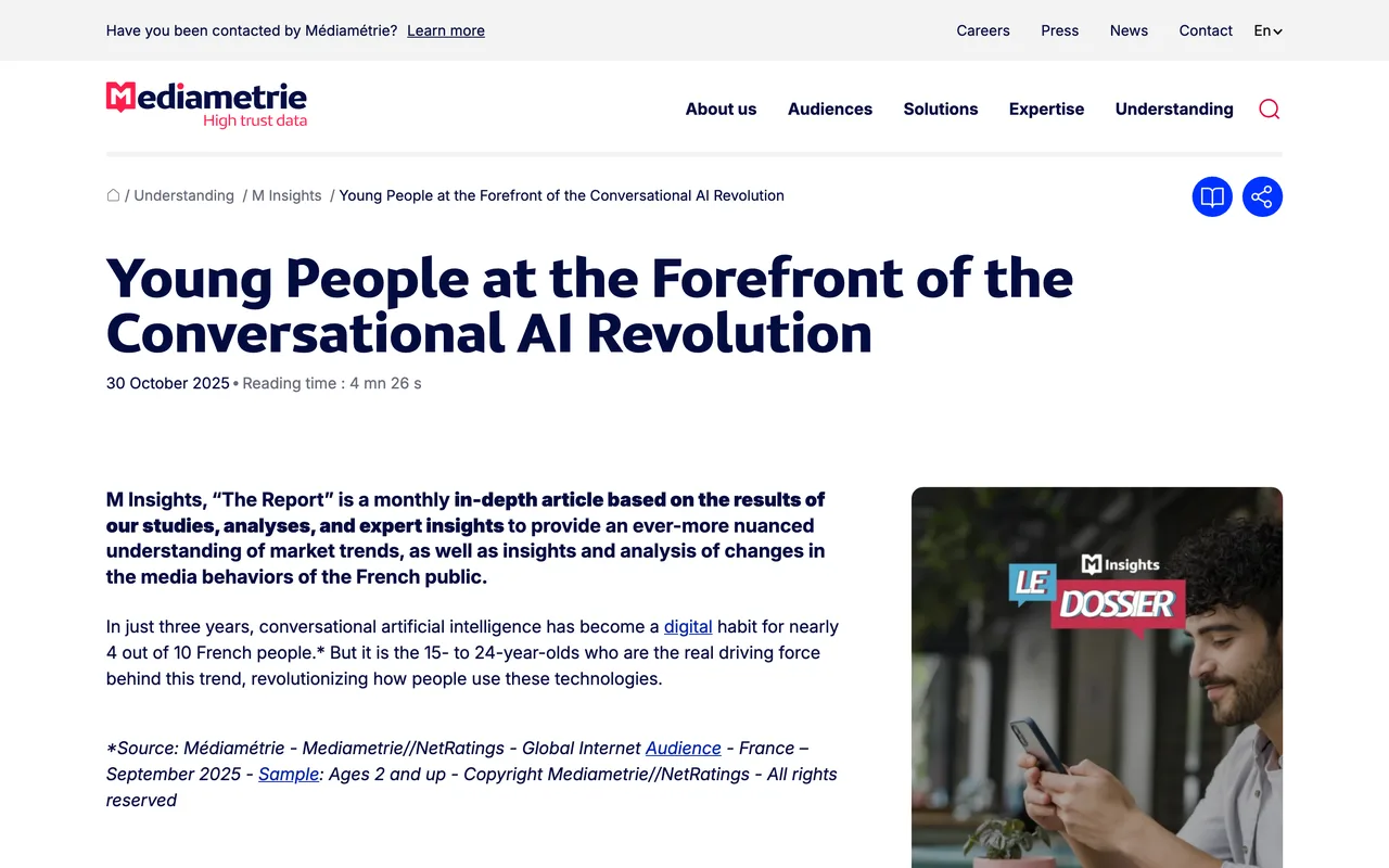 Article Médiamétrie sur l’usage des IA conversationnelles en France, septembre 2025