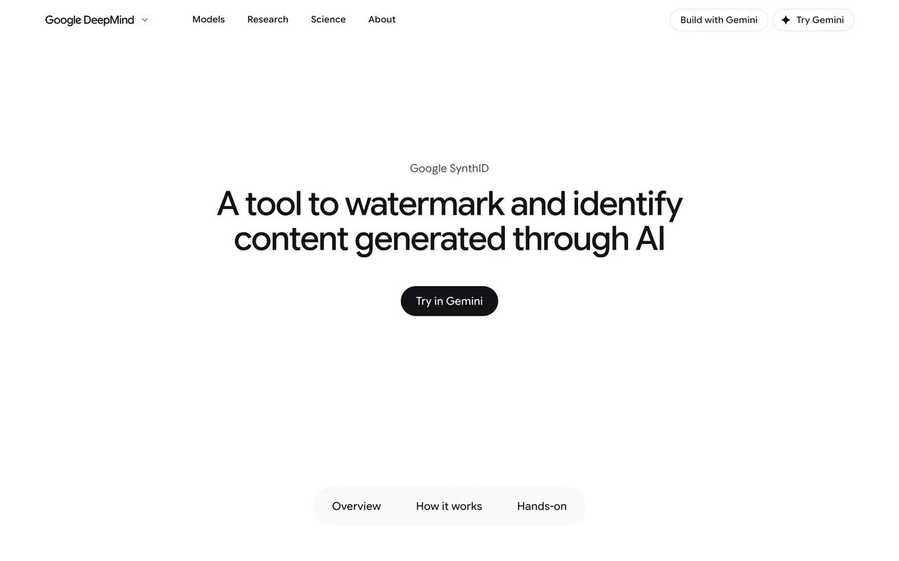 Page Google DeepMind de SynthID, outil de filigrane invisible pour identifier les contenus générés par IA