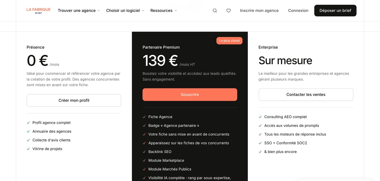 Page tarifs agences de La Fabrique du Net : offre Partenaire Premium à 139 € HT par mois incluant la Visibilité IA complète