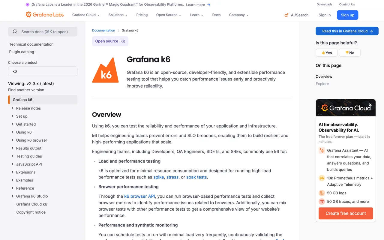 Documentation de Grafana k6, outil open source de test de charge