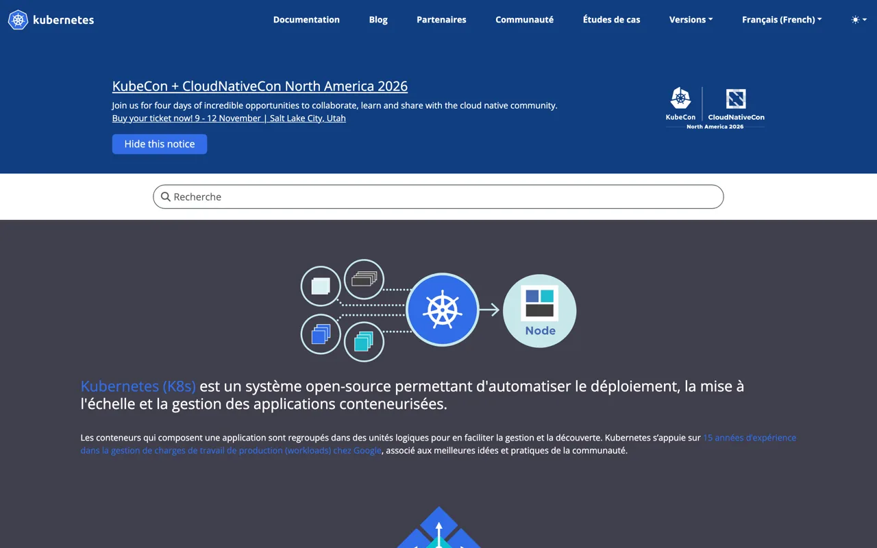 Page d'accueil de Kubernetes en français, système open source d'orchestration de conteneurs