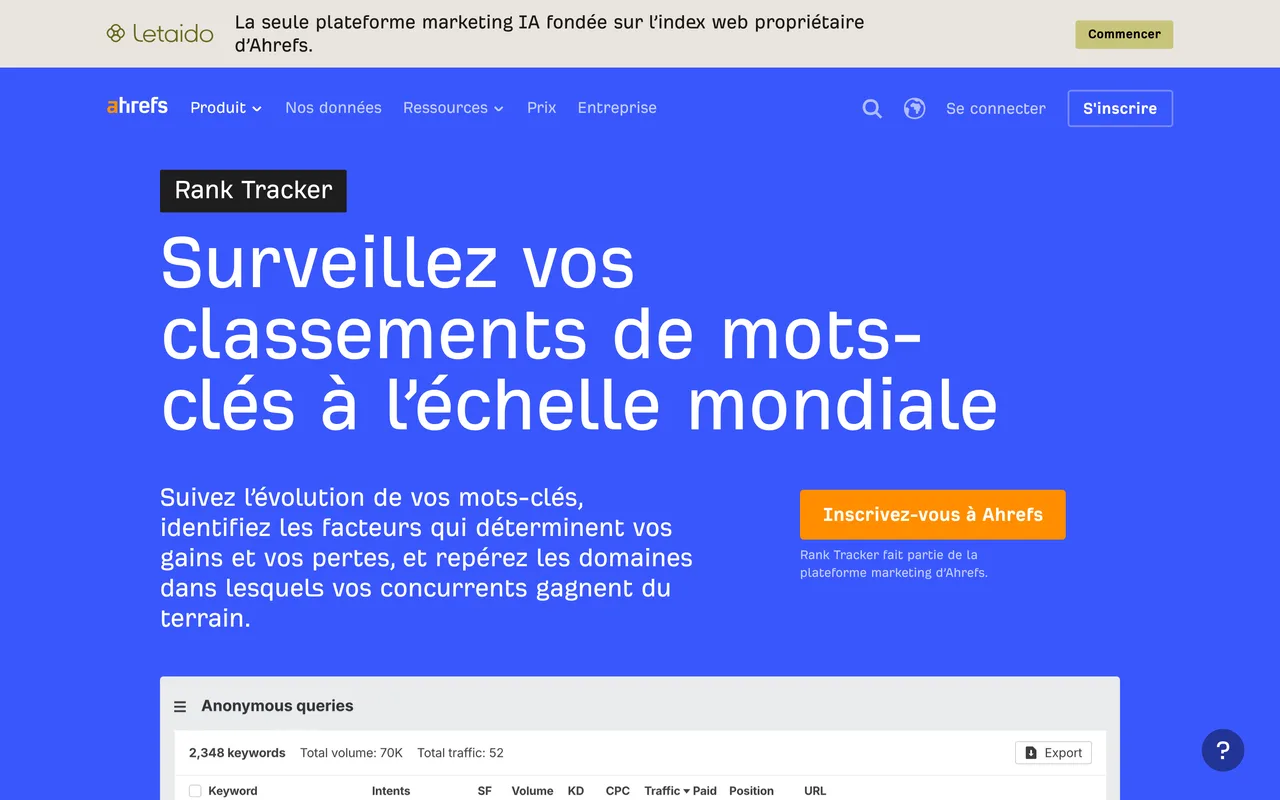 Page du Rank Tracker d'Ahrefs, capture du 19/10/2026