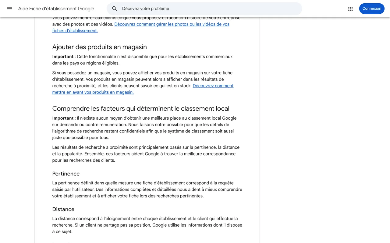 Aide Google Fiche d'établissement expliquant les facteurs du classement local : pertinence, distance et proéminence, capture du 19/10/2026