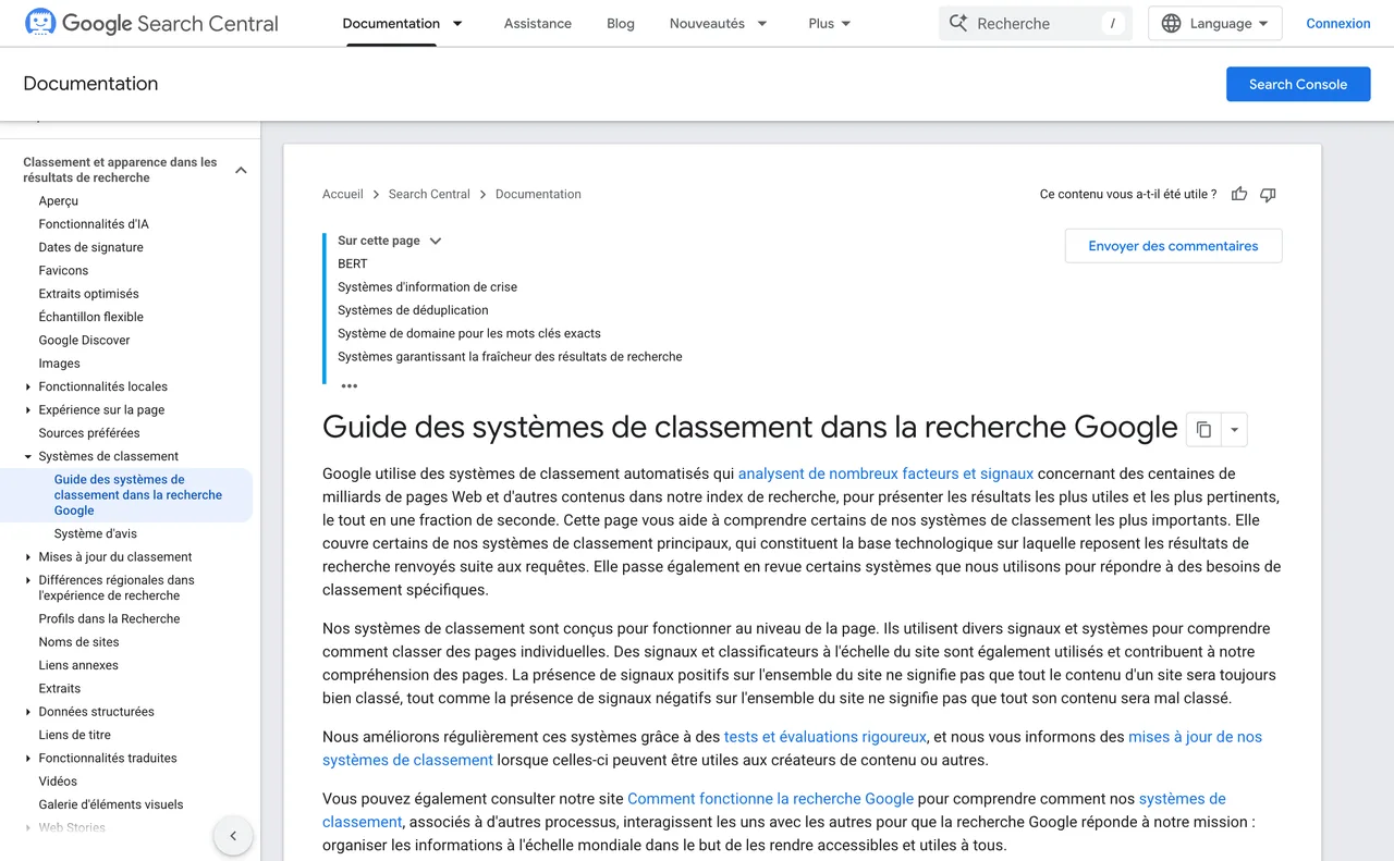 Guide des systèmes de classement dans la recherche Google sur Google Search Central, capture du 19/10/2026