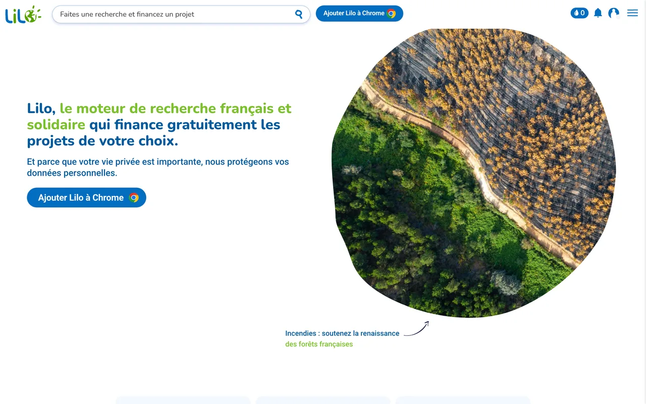 Page d'accueil du moteur de recherche solidaire Lilo, capture du 19/10/2026
