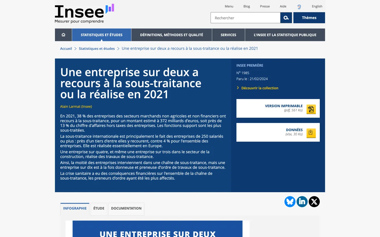 Page de l’Insee Première n° 1985 sur le recours à la sous-traitance des entreprises en 2021, consultée le 19 octobre 2026