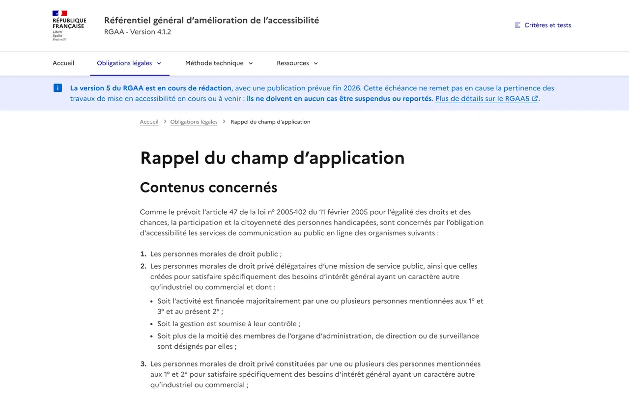 Page du RGAA rappelant le champ d’application de l’obligation d’accessibilité numérique, consultée le 19 octobre 2026